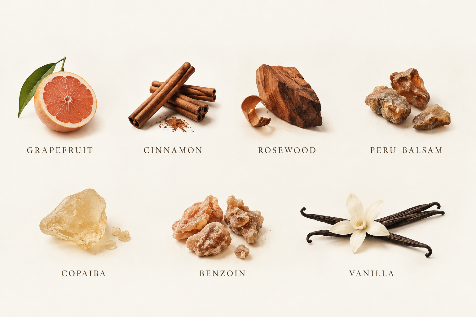 Grapefruit, cinnamon, rosewood, Peru balsam, copaiba, benzoin and vanilla