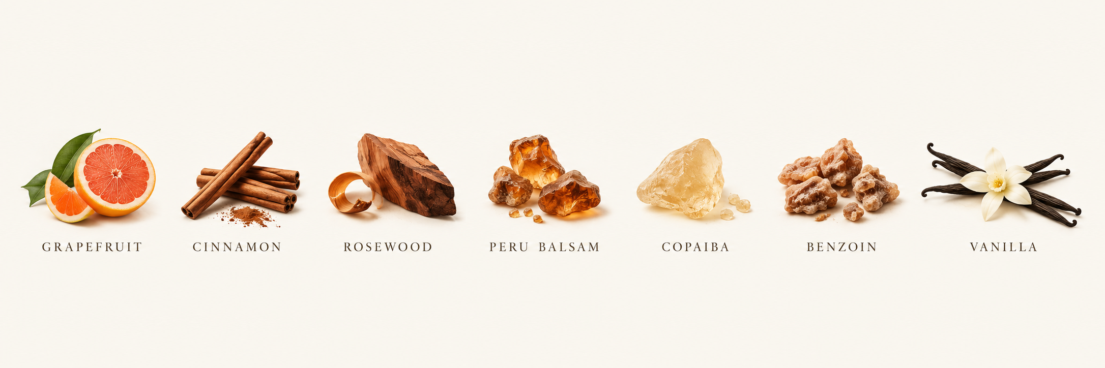 Grapefruit, cinnamon, rosewood, Peru balsam, copaiba, benzoin and vanilla