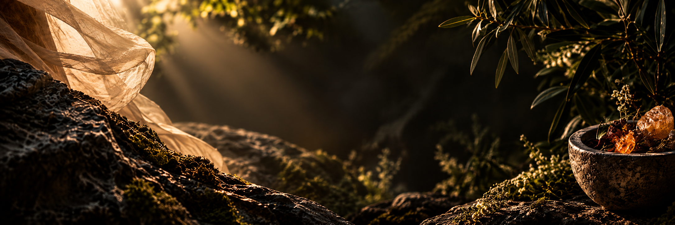 Golden woodland light over moss, botanicals and resin